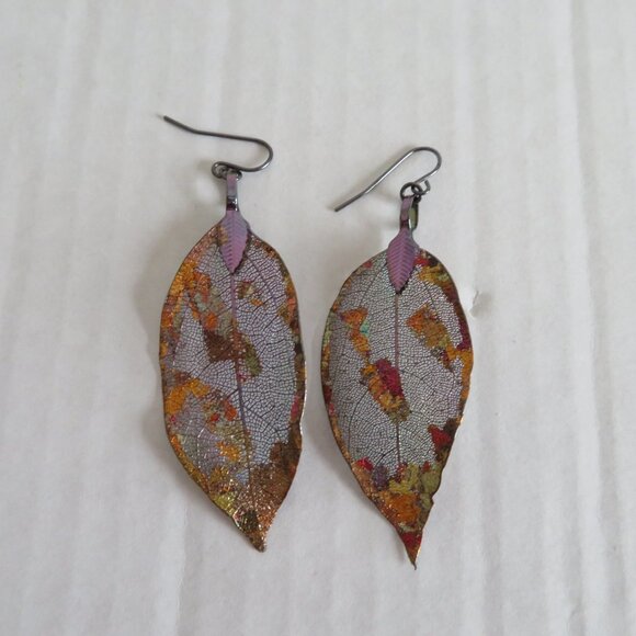 Urban Rose - Gorgeous & Unique Real Leaf Earrings - Gilded, Iridescent NWOT - Picture 2 of 6